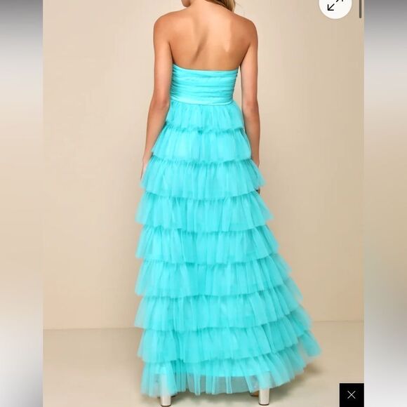 NWT Lulu’s Fabulous Existence Teal Green Tulle Strapless Tiered Maxi Dress Sz M - Picture 2 of 15